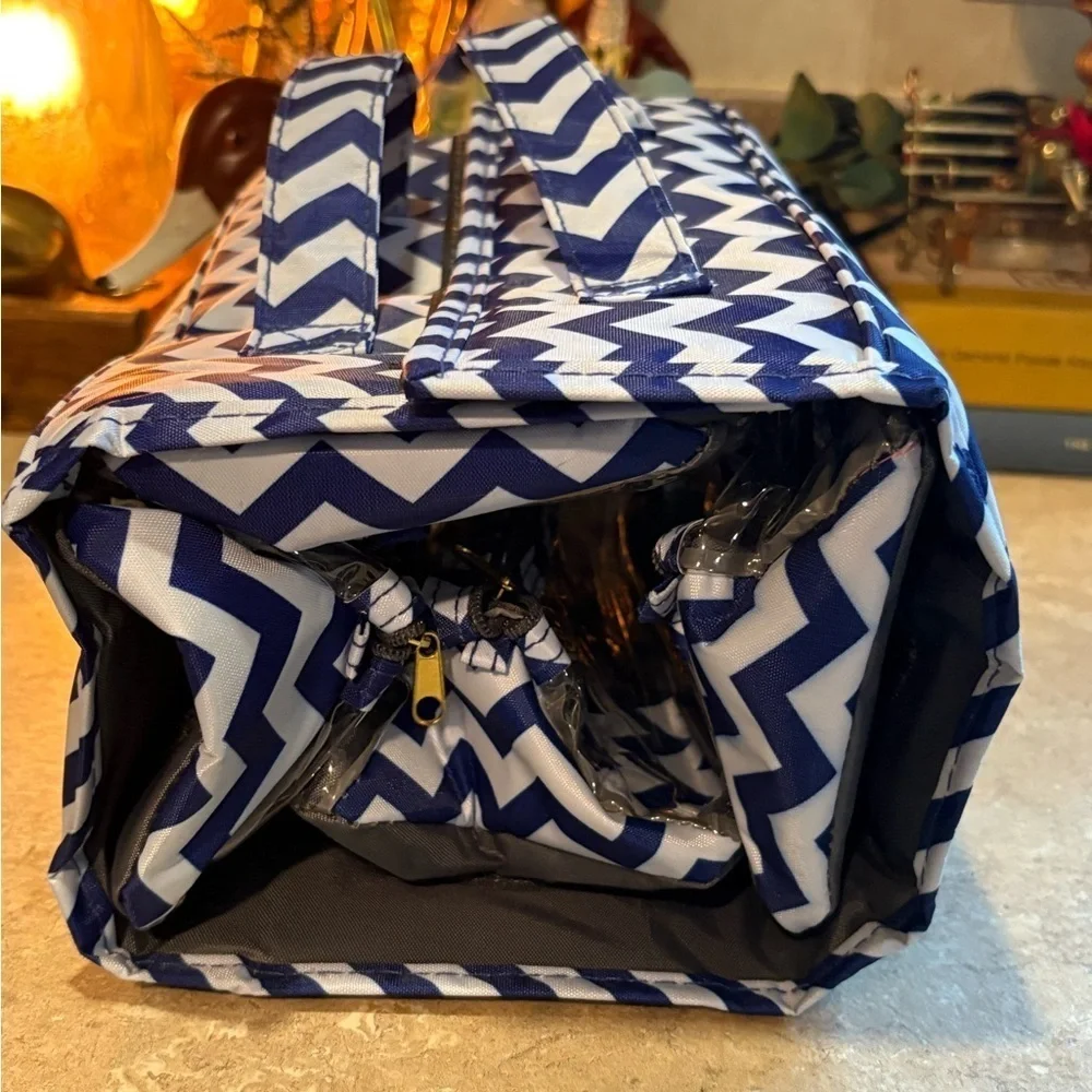 Chevron Pattern Cosmetic Bag with removable pouches.